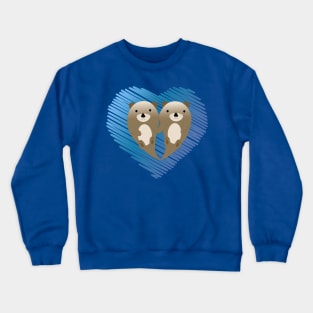 Cute Otter Couple and Blue Scribble Heart Background Crewneck Sweatshirt